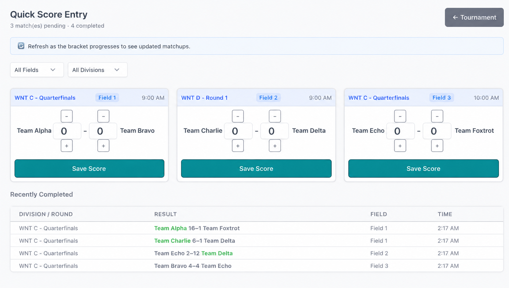 The Quick Scores screen, one row per game with score fields